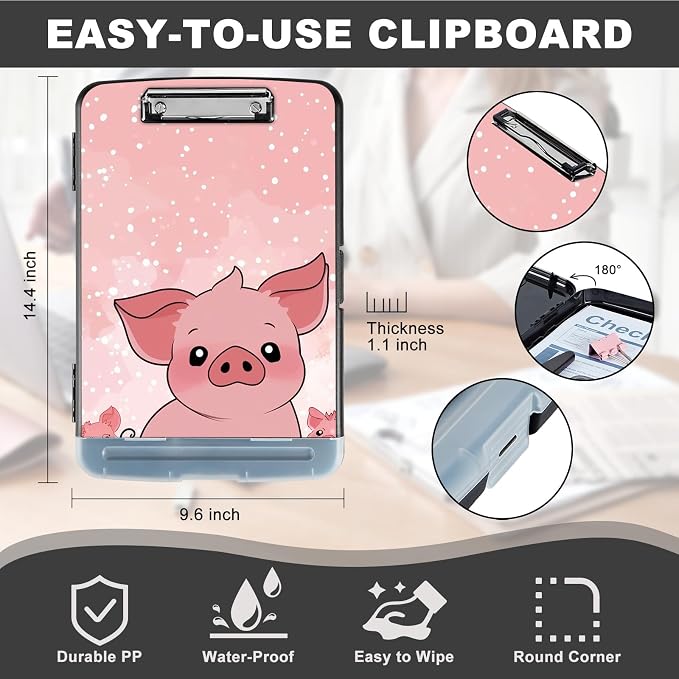 Clipboard with Storage,Storage Clipboard with Pen Holder,Heavy Duty Plastic Storage Clipboard with Low Profile Clip,Teacher Must Haves,Clipboard Folder,Office Supplies,Cute Pink Pig -1348