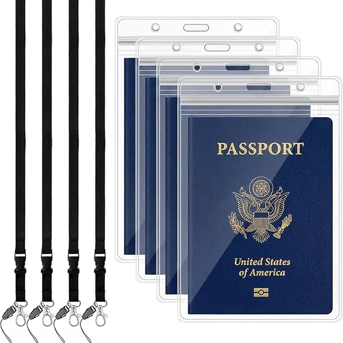 Waterproof Passport Holder Pouch Ticket Holder Travel Wallet with Resealable Pockets Adjustable Lanyard for Men Women