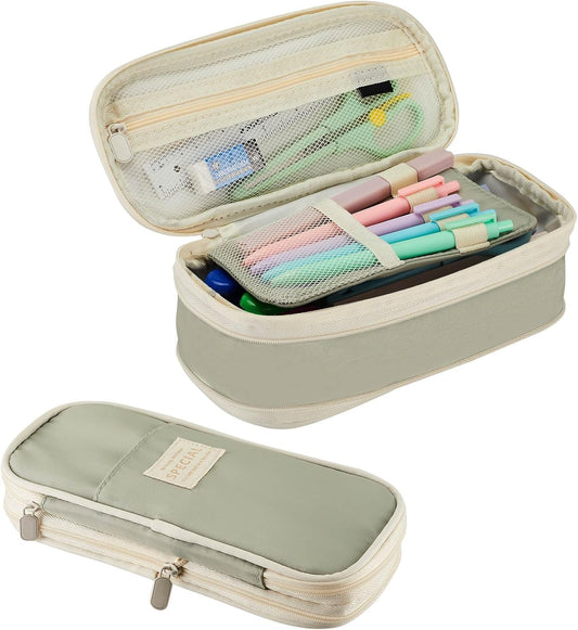Sonuimy Large Capacity Pencil Case Pouch, Cute Aesthetic Big Capacity Zipper Pencil Cases Pen Portable Office Stationery Makeup Bag, Desk Organizer for College Adults Women Men- Green