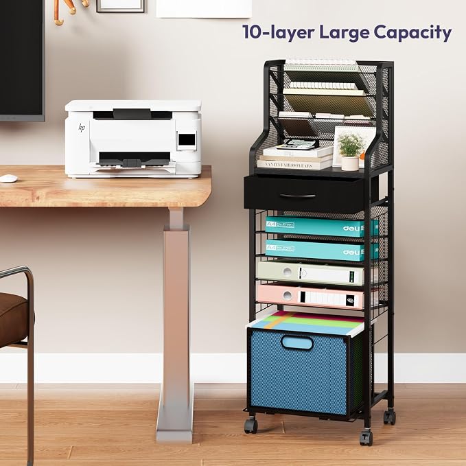 SWTYMIKI 10-Tier Rolling File Cart - Mesh Paper Organizer with Drawer and Hanging File Folders on Lockable Wheels, Rolling File Cabinet for Office Organization, Storage in Home, Studio, School, Black