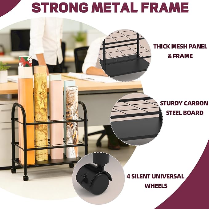 Blueprint Storage Holder with Wheels – 12-Slot Metal Roll File Rack with Silent Casters & Brakes for Blueprints, Wrapping Paper, Posters, Maps – Mobile File Cart for Office & Home (Black)