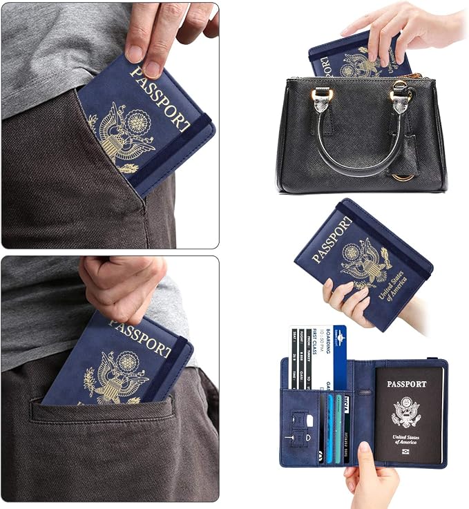 WALNEW Passport Holder for Travel, RFID Passport Cover Wallet for Women Men, PU Leather Passport Book Card Holder Case with Pen, Travelling Essentials for Flying | PU Leather Passport Cover Case with Pen Holder, Travel Must Haves Accessories, Passport ...