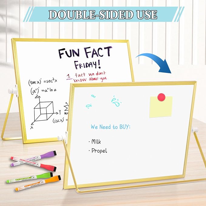 Double-Sided Magnetic White Board with Stand, 16" x 12" (Gold) | Dry Erase Board with Stand, Desktop Whiteboard Easel , Portable Small White board dry erase for Drawing, Office, Home