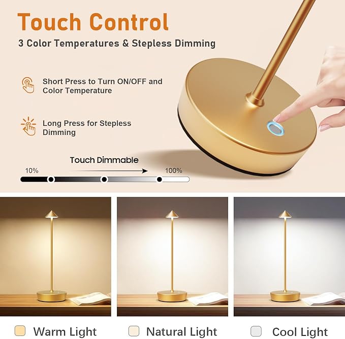Set of 2 Cordless Rechargeable Led Table Lamp Battery Operated Light Gold | 6000mAh Desk Lamp Touch 3 Color Dimming Portable Metal Outdoor Waterproof Light for Patio/Restaurant/Dining/Home