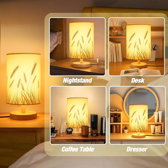 Desk Lamp LED Bulb Included, Small Bedside Table Lamp Plug-in - Classic Wood Base with Flaxen Fabric Shade, Lamps for Night Stands, Simple Nightstand Light for Bedroom, Office, Desk