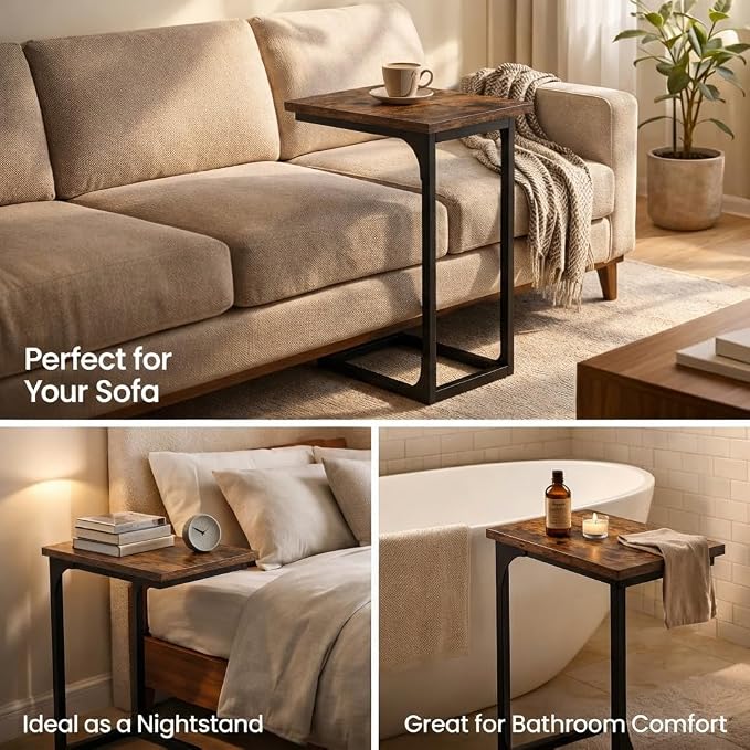 TEMI C Shaped End Table for Couch, Set of 2 Small Side Table for Sofa, TV Tray for Eating or Laptop, Accent Desk for Chair, Space Saving for Living Room Bedroom, Rustic Brown