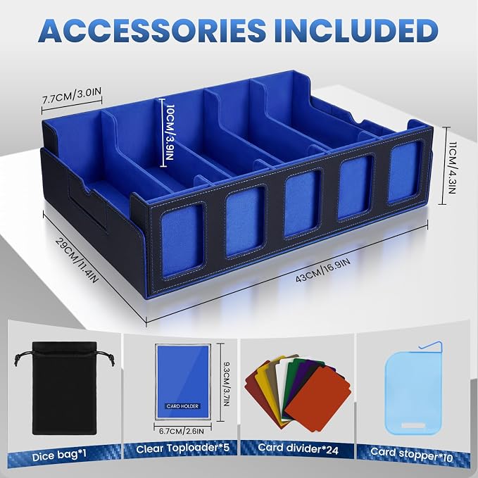 Trading Card Storage Box with Handle, 5-Row Portable Leather Game Case for 4000+ Cards,Blue Card Collection Box with Commander Display Window for MTG, Yugioh, and Sports Cards,Gifts for Card Collector