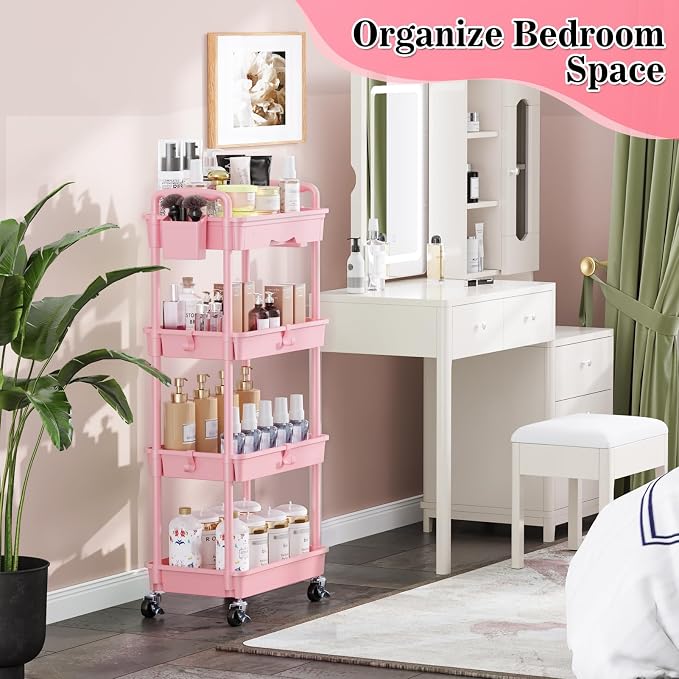 SUNALLY 4 Tier Rolling Cart with Drawer, Craft Storage Cart Organizer, Pink | Bathroom Storage Organizer with 2 Lockable Wheels, Rolling Utility Cart for Kitchen, Office, Baby, Makeup, Nail,Snack,Laundry