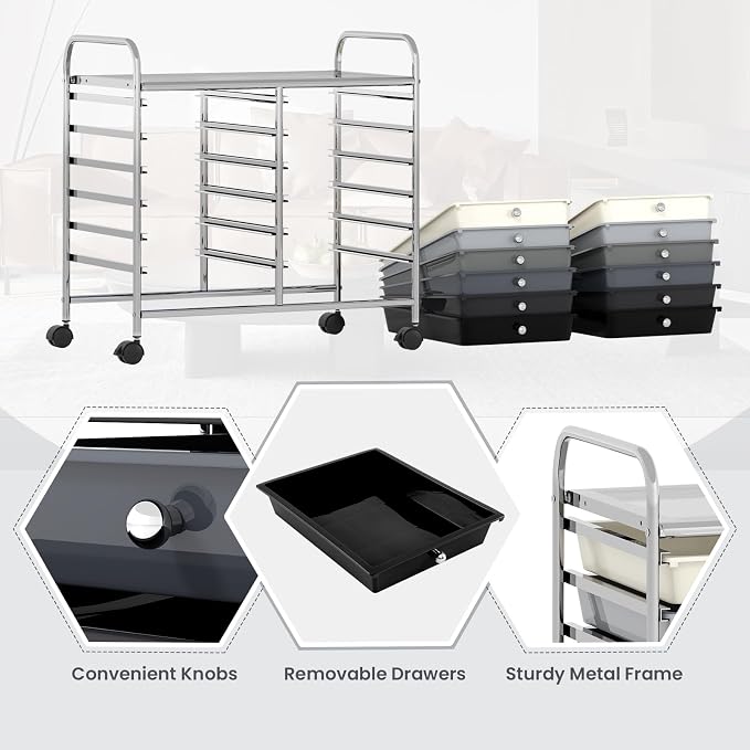 COSTWAY 12-Drawer Rolling Storage Cart, Utility Storage Organizer Cart | For Tools, Scrapbook, Paper, Craft, Multipurpose Art Supply Organizer on Wheels for Home Office School, Teacher, Mixed Black