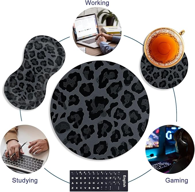 Mouse Pad+Mouse Wrist Rest Support Set+Coaster,Memory Foam Ergonomic Easy Typing Pain Relief,Non-Slip Rubber Base Small Mousepad for Computer,Laptop,Home & Office,Leopard Print