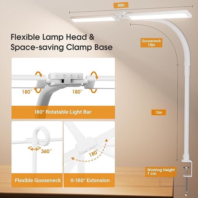 LED Desk Lamp for Home Office - Dimmable Computer Desk Light with Clamp, Modern Architect Task Lamp with Color Changing, Flexible Desktop Lamp with Gooseneck for Monitor, Double Head, White