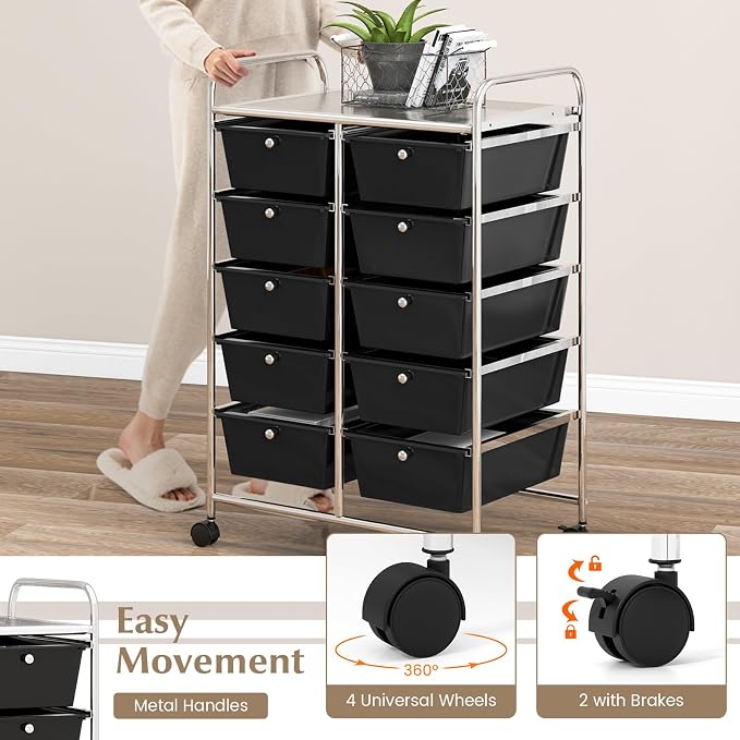 COSTWAY 10 Drawer Rolling Storage Cart, Utility Cart with Lockable Wheels | Mobile Art Supply Craft Organizer with Metal Frame, Multipurpose Drawer Cart for Paper for Office, School, Black