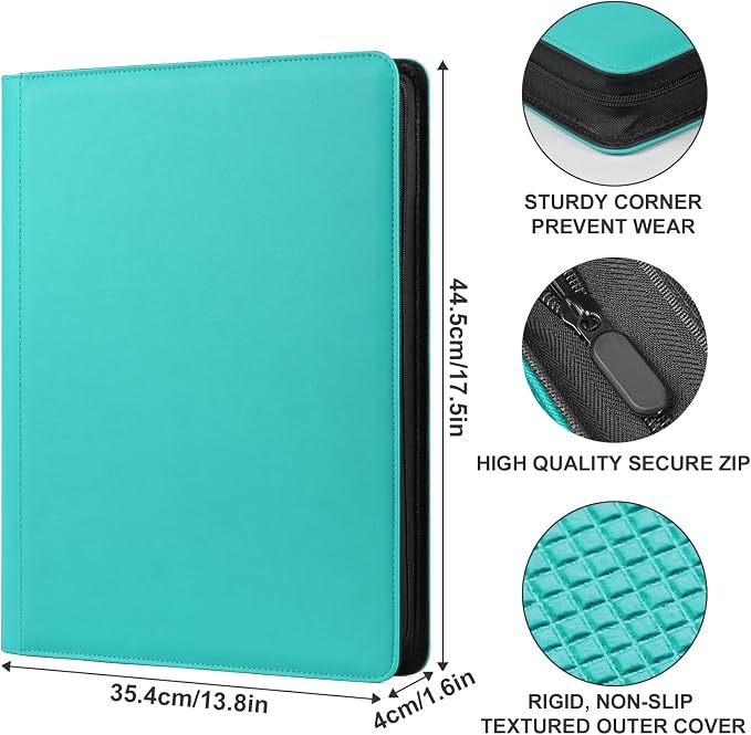 GEAoffice 16 Pocket Trading Card Binder for 1000+ Cards, Ringless Side-Loading 4x4 Card Binder with Zipper Closure, PU Leather 1024 Card Binder for MTG/TCG/Baseball/Sports&Game Cards, Turquoise