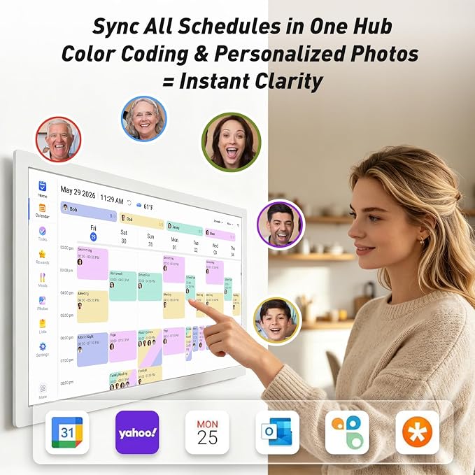 24" Digital Calendar Electronic-eCalendar WhiteBoard-Meal-Planner - Touchcreen Picture-Frame Display, Chore Chart, No Subscription, Star Reward, Auto-Sync Online via App, Wall Mount, Gifts for Mom