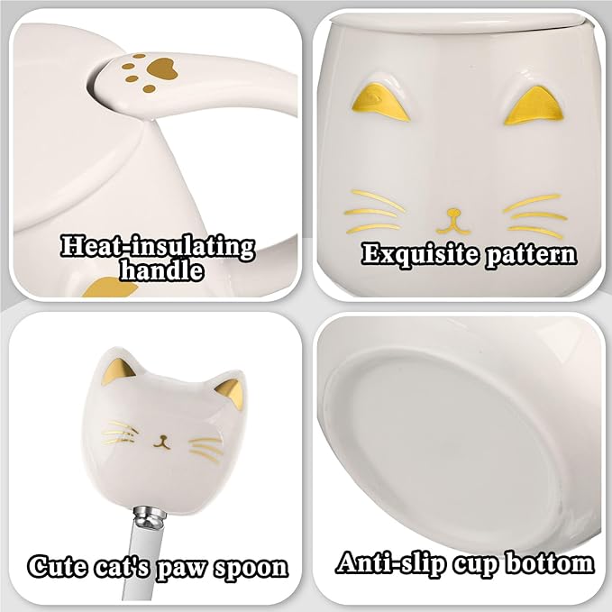 Cat Coffee Cup Coffee Warmer with Mug for Women Electric Mug Heater Temperature Control Ceramic Cute Cat Warmer for Office Valentine' Day Birthday Gift(White)