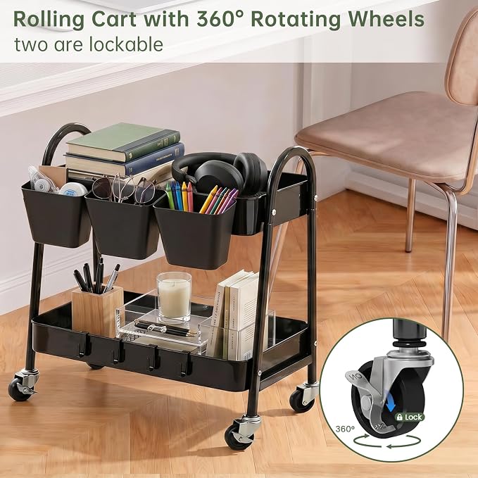 2-Tier Rolling Cart, Utility Cart Mobile Metal Rolling Storage Cart with Lockable Wheels & Hanging Cups & Hooks for Kitchen, Bathroom, Office, Workshop, Purple