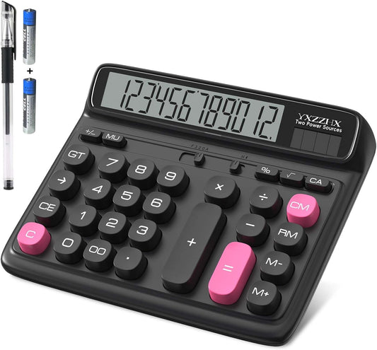 Desktop Calculator with Extra Large 5-Inch LCD Display, 12-Digit Two Way Power Solar & Battery Office Calculator with Big Buttons for Business, Accounting & Home Use(Black)