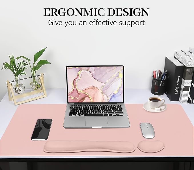 Desk Mat Set,3-in-1 Mouse Pad with Wrist Rest and Keyboard Pad | 31.5" x 15.7" Ergonomic Keyboard and Mouse Pad Set, Memory Foam Keyboard Wrist Rest, Waterproof Computer Mat, Pink