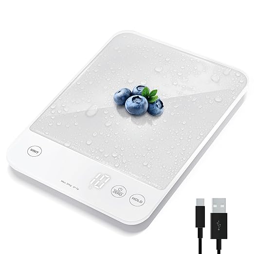 Etekcity 22lb Food Kitchen Scale, USB Rechargeable, IPX6 Waterproof | Digital scale with grams & ounces, 1g precision, 5 weight units, tare, ideal for baking and meal prep, White