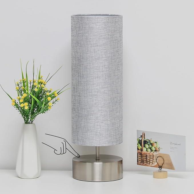 Bedside Touch Lamp, 3 Way Touch Control Table Lamp, Modern Nightstand Lamp | Silver Base with Gray Cylinder Shade, Simple Dimmable Night Light for Bedroom Living Room Kitchen, LED Bulb Included