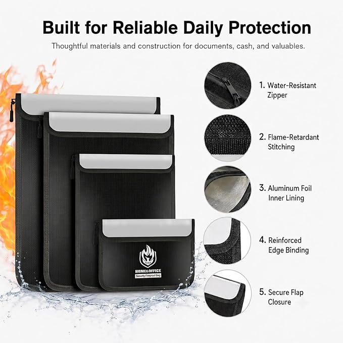 4 Pack Fireproof Document Bags, Waterproof Document Pouch Holder with Zipper, Fire Proof Money Bag for Cash, Fireproof Envelope Fire Safe Bag, Fire Resistant Storage for Legal/A4 Size (Black)