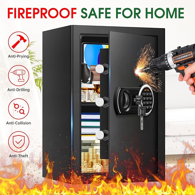 3.3 Cuft Large Home Safes Water and Fireproof with Digital Keypad & Key Lock, Security Safes for Home with DIY Removable Shelf, Anti-Pry Safe Box for Money Documents Jewelry, 19.69"H x13.78"W x 12.2"D