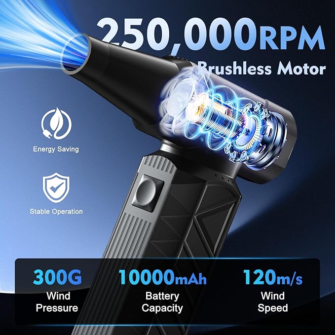 WHATOOK Compressed Air Duster: 180000RPM Air Blower with Stepless Speed Regulation Mode, Electric Air Duster with Brushless Motor, Air Duster for Keyboard, Computer, Car and Home Cleaning（Black）