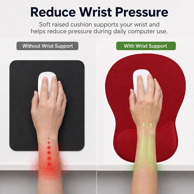 Mouse Pad with Wrist Rest Ergonomic Memory Foam Support, Non-Slip Rubber Base, Comfortable Typing Cushion for Home Office Computer Laptop, Red