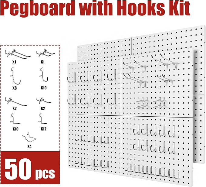 8 Pack Metal Peg Board Panels with 50 Hooks, White | Heavy Duty Wall Mount Storage System for Garage Tools, Workbench, Office & Home Organization