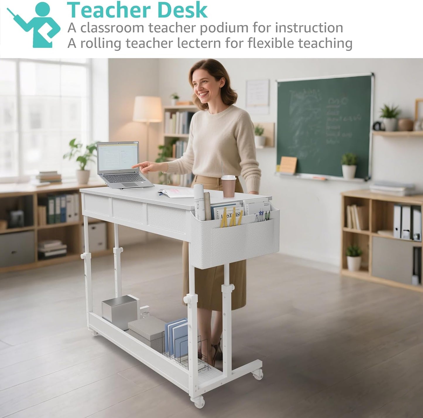 White Portable Rolling Computer Desk - 40 Inch Adjustable Mobile Standing Teacher Desks with 3 Fabric Drawers on Wheels, Couch Sofa Side Laptop Stand Up Table with Storage for Home Office, White