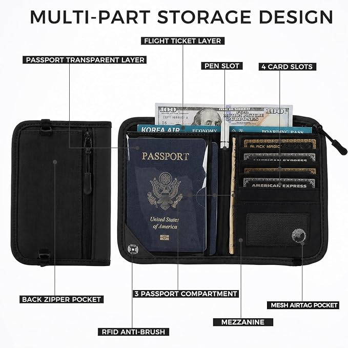P.travel Passport Holder for Travel, RFID Blocking Passport Wallet with Adjustable Shoulder Strap, Holds 3 Passports, 4 Card Slots & AirTag Slot, Lightweight Travel Essentials for Men & Women