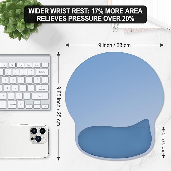 ITNRSIIET Ergonomic Mouse Pad with Wider Memory Foam Wrist Rest +17%, Curved Cushion Reduces Pressure 20%, Pain Relief, Non-Slip, Smooth, Cute Color Desk Accessory, 9.85 x 9 inch, Gradient Blue Ombre