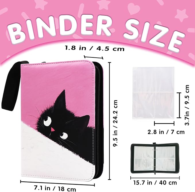 Cute Cat Card Binder, 400 Pocket Card Album for Girls Gifts, Black Cat kitten Trading Game Card Holder Album for Standard Size Cards, Collectible Game Collection Case (Pink)