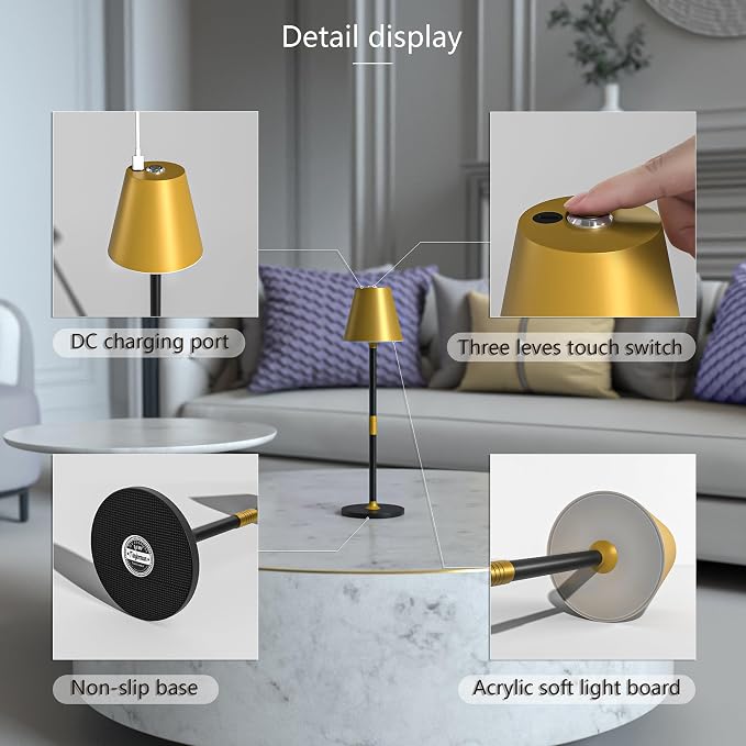 Timjorman 1-Pack Cordless Table Lamps - 5000mAh Rechargeable Battery Operated Desk Lamp, 3-Level Dimmable LED Night Light for Bedroom, Dining, Restaurant - Metal Design(Gold&Black-1Pack)