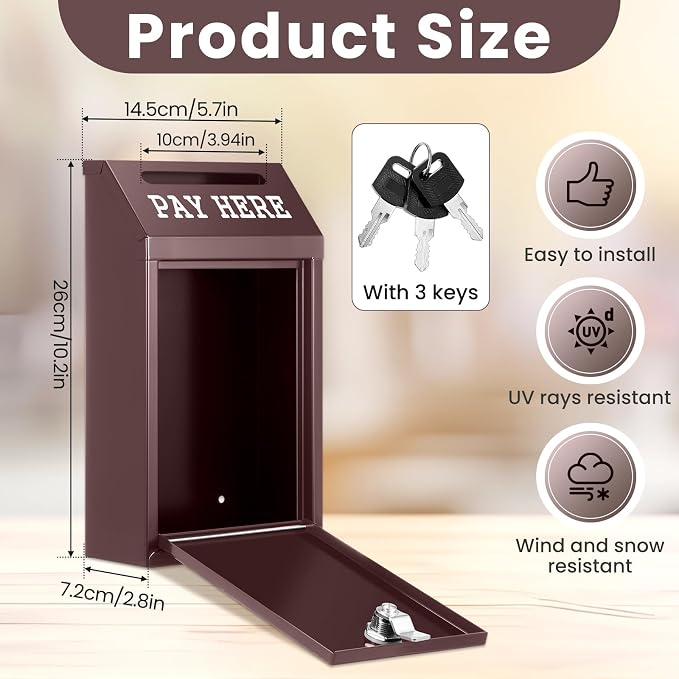 Yaocom Safe Metal Cash Box for Farm Stand – Money Drop and Secure Donation Collection, Wall Mount Lockable Unit with Pre Drilled Holes for Outdoor Self Serve(Brown,10.2 x 5.7 x 2.8 Inch)