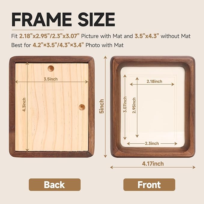Solid Walnut Picture Frame for Instax Wide & Square Photos, Small Solid Wood Photo Frame with Joinery Corners, Tabletop Display (Walnut, For 4.2x3.5/4.3x3.4 Photo)