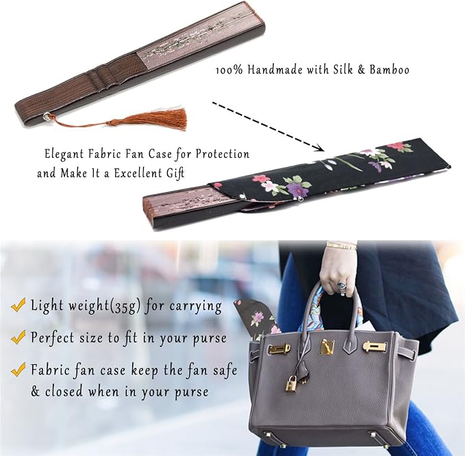 OMyTea® "Grassflowers 8.27"(21cm) Hand Held Folding Fans - With a Fabric Sleeve for Protection for Gifts - Chinese/Japanese Vintage Retro Style (Brown)