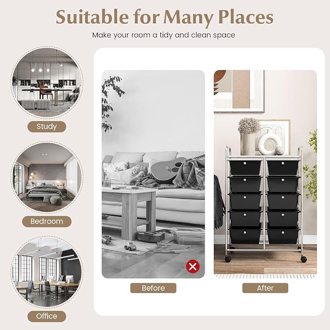 10 Drawer Rolling Cart, Storage Cart Organizer on Wheels, Drawer Cart with Metal Frame & Large Storage Capacity, Rolling Cart with Drawers for Living Room Classroom, Office