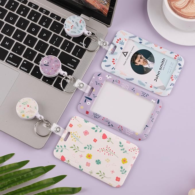 3 Set Badge Holder with Retractable Reel, Flower Pattern Retractable ID Badge Holders with Clip Name Key Card Holder Case for Nurse Doctor Student Teacher Office Gift for Coworkers