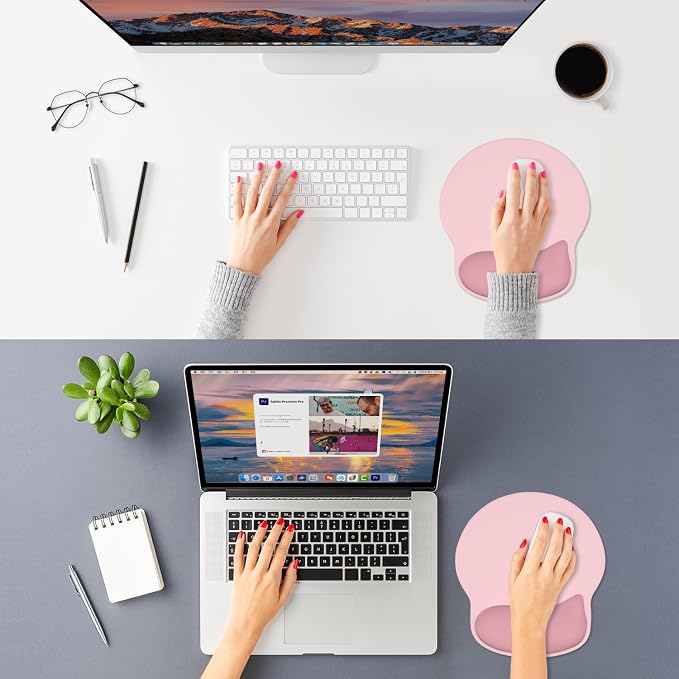ITNRSIIET Ergonomic Mouse Pad with Wider Memory Foam Wrist Rest +17% - Curved Cushion Reduces Pressure 20%, Pain Relief, Non-Slip, Smooth, Cute Colors, 9.85 x 9 in, Pink Accent