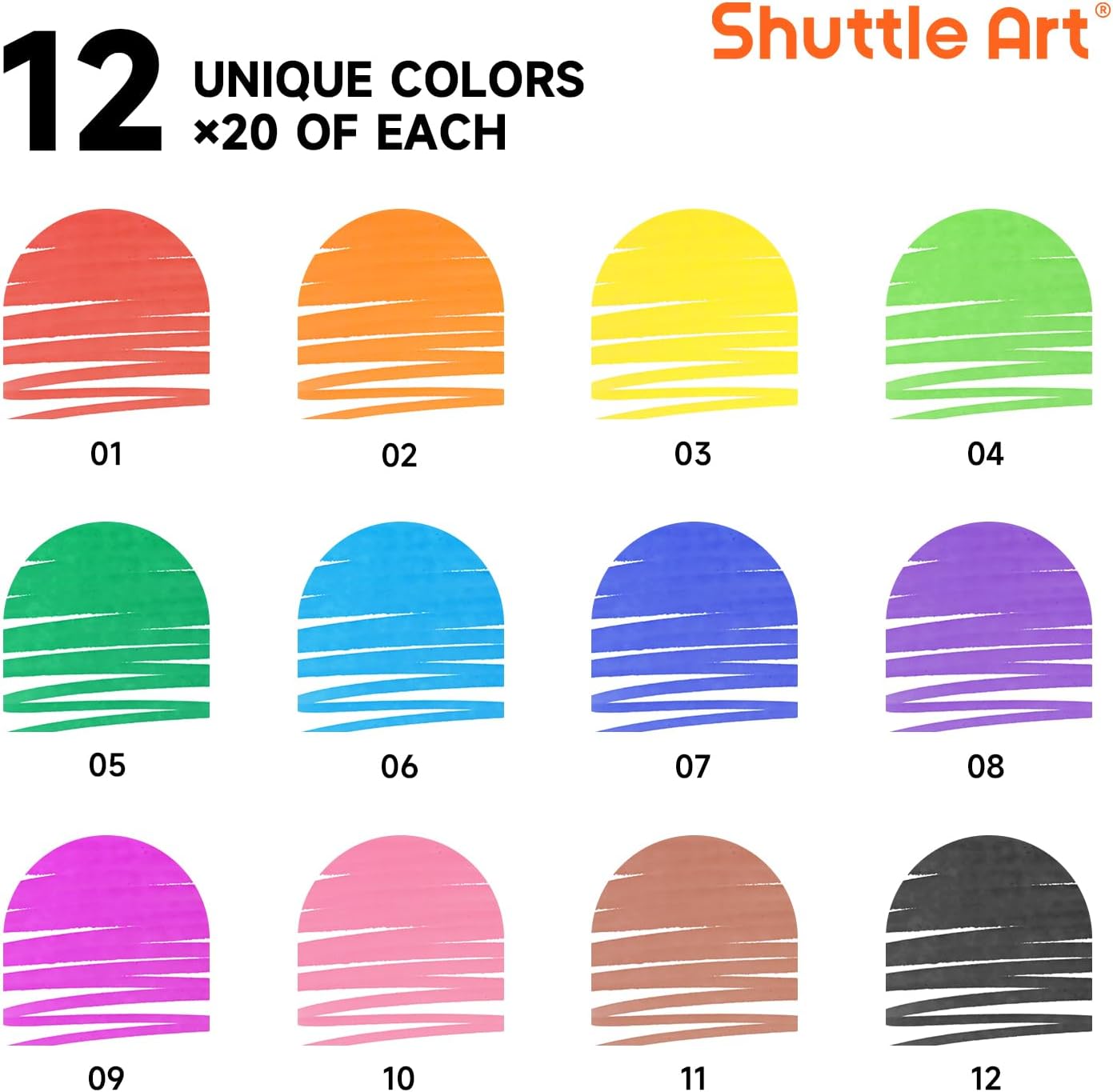 Shuttle Art 240 Pack Washable Super Tips Markers, 12 Assorted Colors Conical Tip Large Markers Bulk with a Box, Bonus Caps, Home Classroom School Supplies for Toddlers Kids Adults Students Teachers