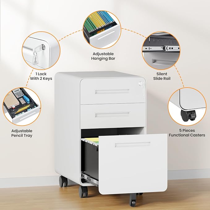 3 Drawer File Cabinet, Fully Assembled Mobile File Cabinets with Lock for Home Office, Metal Rolling Filing Caninet on Wheels, Three Drawer Under Desk Cabnet for Letter/Legal / A4 - White