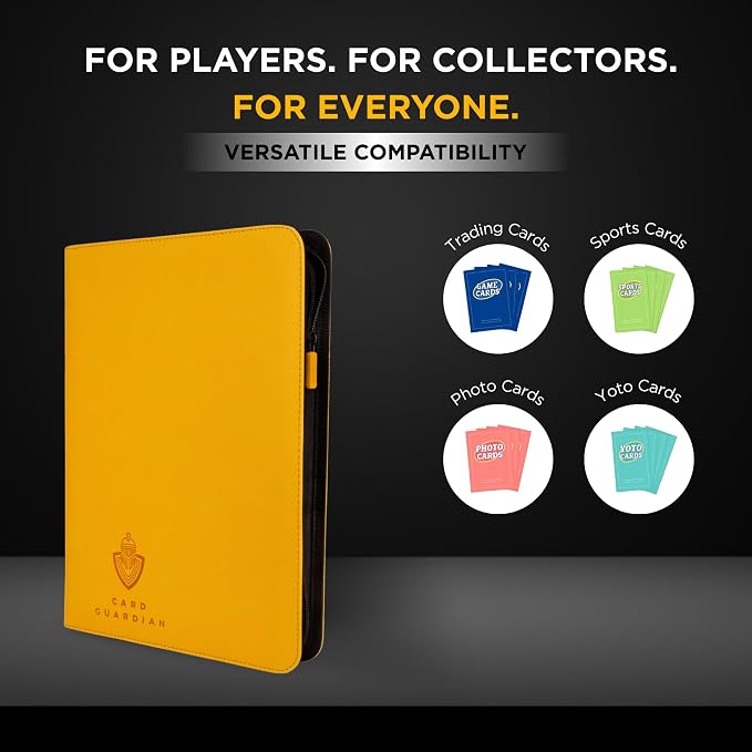 Card Guardian - 9 Pocket Premium Black Binder with Zipper for 360 Cards - Side Loading Pockets for Trading Card Games TCG (Yellow)