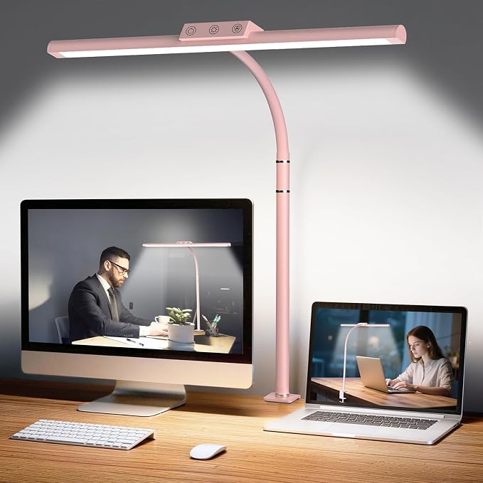 LED Desk Lamp for Home Office, Flexible Gooseneck Desk Lamp with Clamp, 5 Color Touch Control Stepless Dimming Adjustable Eye-Caring Desk Light with Adapter for Reading, Study, Workbench (Pink)