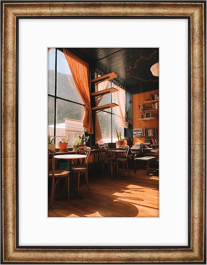 Golden State Art, 12x16 Black Trim Gold Frame - White Mat for 8x12 Photo - Vintage Antique Style - Brushed Texture Finish - Wall Mounting - Portrait/Landscape - Tempered Glass