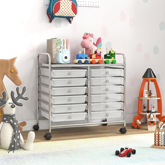 COSTWAY 12-Drawer Rolling Storage Cart, Utility Storage Organizer Cart | For Tools, Scrapbook, Paper, Craft, Multipurpose Art Supply Organizer on Wheels for Home Office School, Teacher, Clear