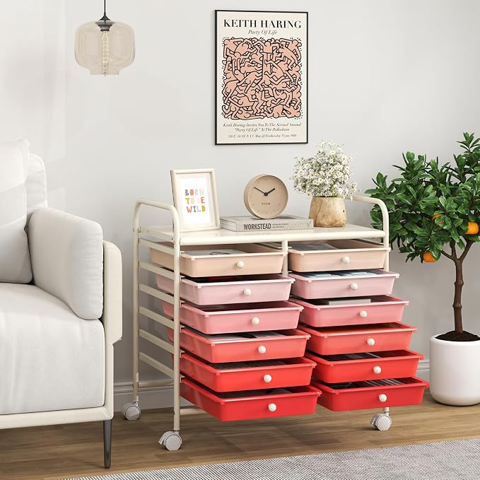 Giantex 12 Drawers Rolling Cart, Mobile Storage Drawer Cart, Classroom Organizer Cart for Office School Supplies Tools Scrapbook Paper Craft Small Printer, Utility Cart on Wheels, Pink Gradient