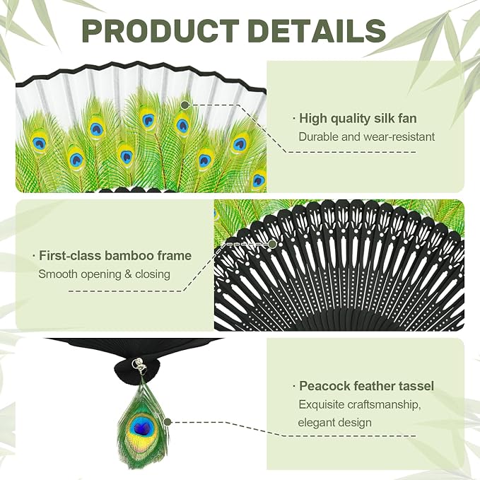 EOSAU Hand Fans for Women Foldable - Bamboo Silk Folding Fan Handheld, Fans for Line Dancing Wedding, Portable Bridal Party Favor, Elegant Church Performance Gift (Peacock Grey)