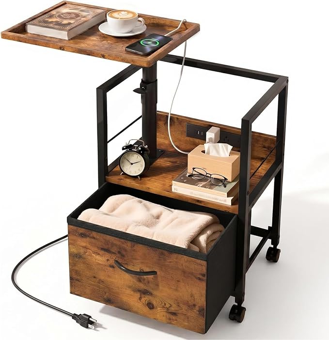 Faesun Swivel Lift Top Nightstand with Charging Station, Rolling Night Stand with Fabric Drawer, Adjustable Bedside Table for Bedroom, Living Room, Brown, Pro