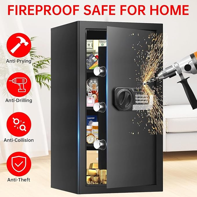 5.1 Cuft Home Safes Water and Fireproof, Large Safety Box Fireproof Waterproof with Electronic Keypad and Spare Key, Fire Proof Safe for Home Documents, Floor Personal Safe for Money Medicine